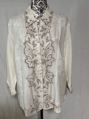 Carole Little White Linen Embroidery Button Front 3/4 Sleeve Lined Jacket 
1X